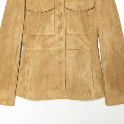 Women's Tailored Suede-Look Jacket in Military Style with Stand-up Collar and Shoulder Straps EVA-US