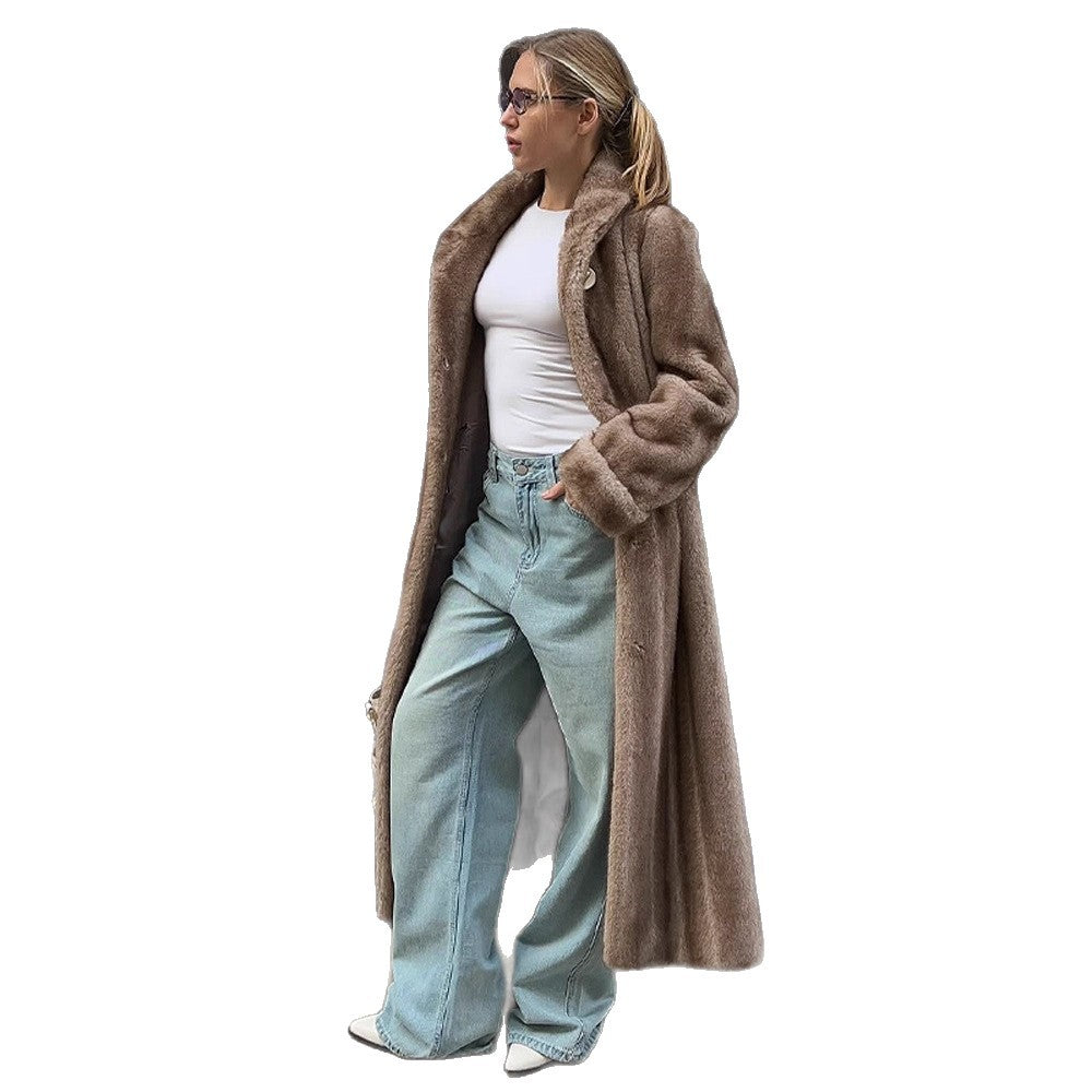 Women's Maxi Faux Fur Coat with Wide Lapel and Loose Fit EVA-US