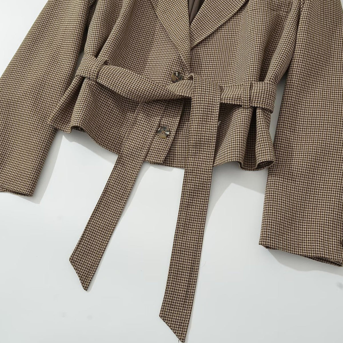 Women's Short Blazer with Tailoring Tie Belt and Houndstooth Pattern EVA-US