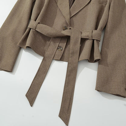 Women's Short Blazer with Tailoring Tie Belt and Houndstooth Pattern EVA-US