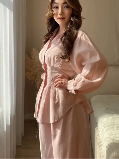 Women Elegant Two-Piece Satin Loungewear Set with Fitted Blouse and Wide Leg Pants EVA-US