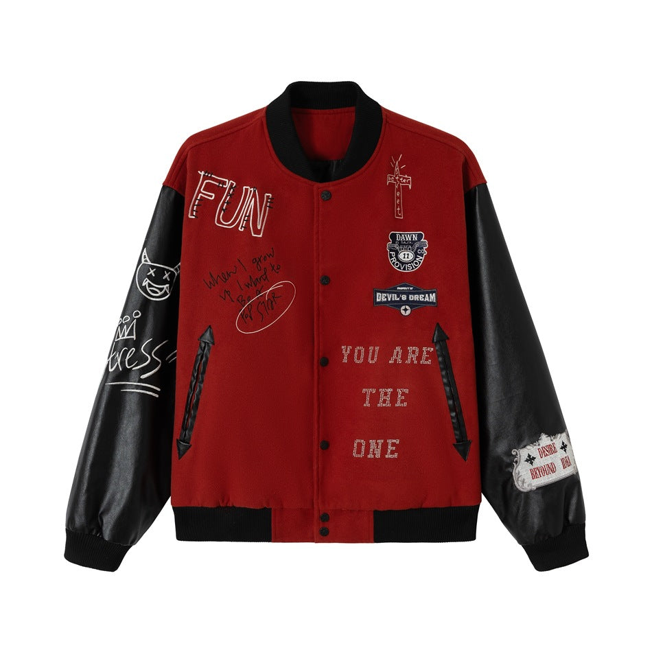 Unisex Varsity Bomber Jacket in College Look with Wool Blend Body and Faux Leather Sleeves EVA-US