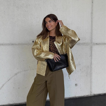 Women Short Textured Metallic Bomber Jacket with Boxy Silhouette EVA-US