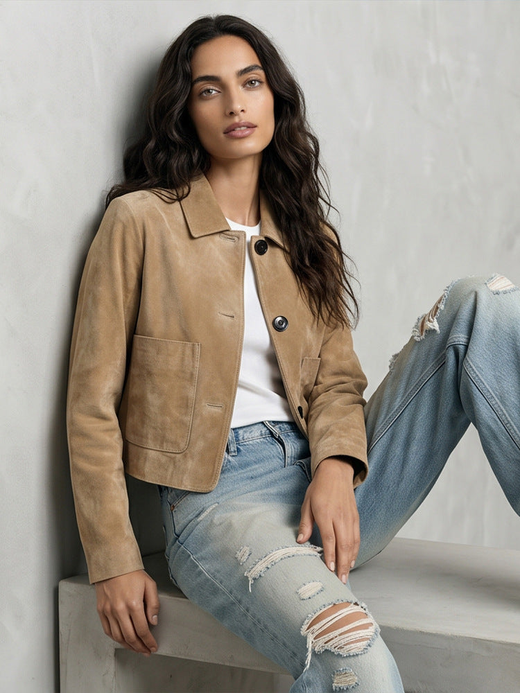 Women Short Suede Jacket in Clean-Cut with Patch Pockets EVA-US