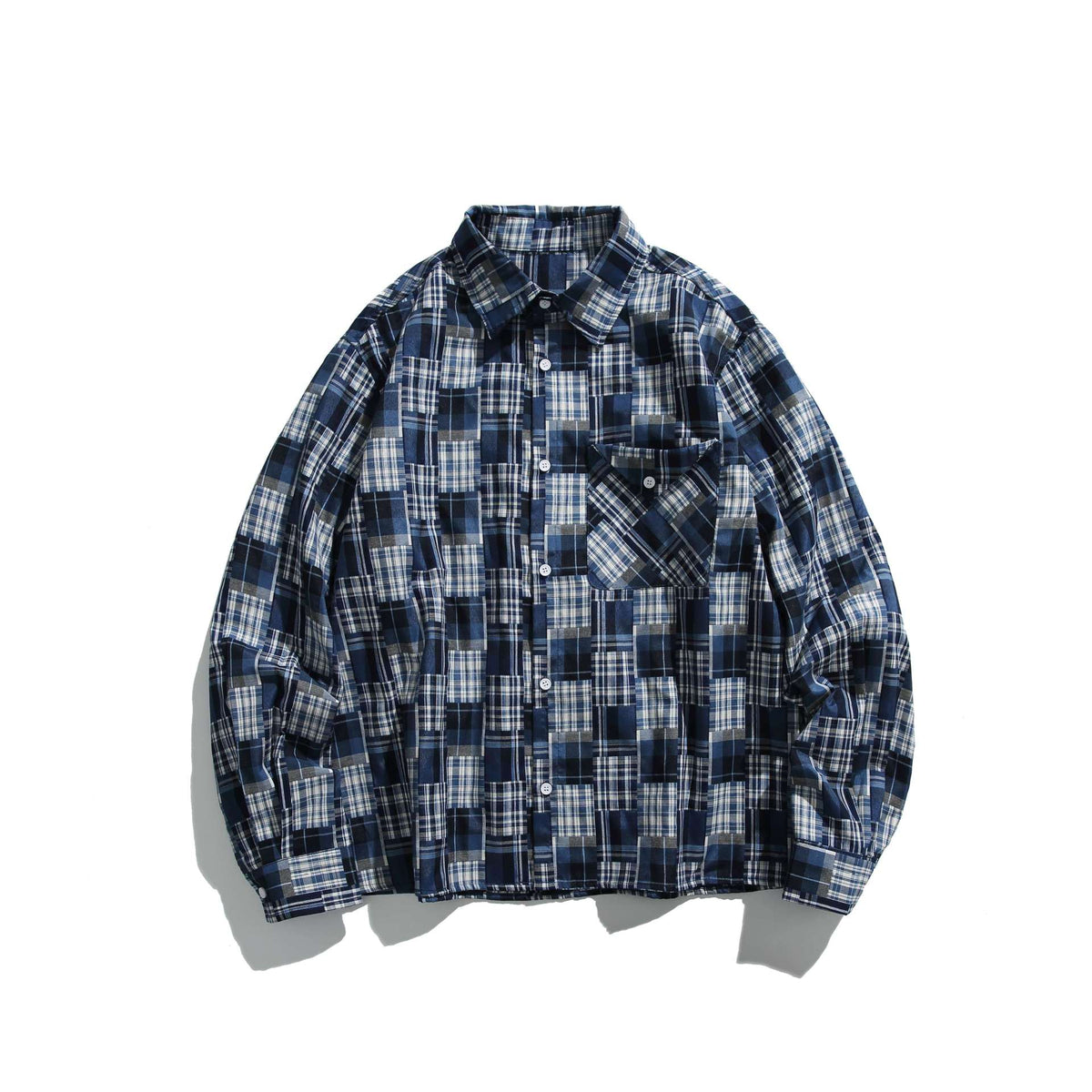 Unisex patchwork check shirt jacket in oversized boxy cut with chest pocket and Kent collar EVA-US