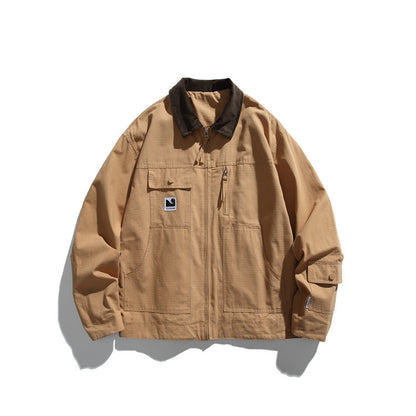 Men's Boxy Workwear Blouson Jacket with Contrast Collar and Multiple Pockets EVA-US