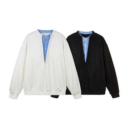 Women Cropped Oversized Sweatshirt with Integrated Blouse Insert and V-Neck EVA-US
