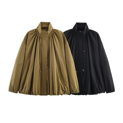 Women's Loose-Fitting Transitional Jacket with Drawstring Collar and Balloon-Shaped Hem EVA-US