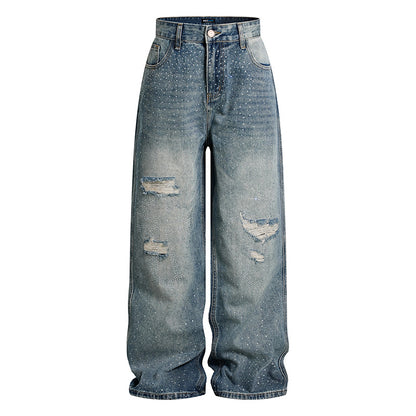 Ladies Wide High-Waist Denim Palazzo Jeans with Destroyed Details and Rhinestone Embellishment EVA-US