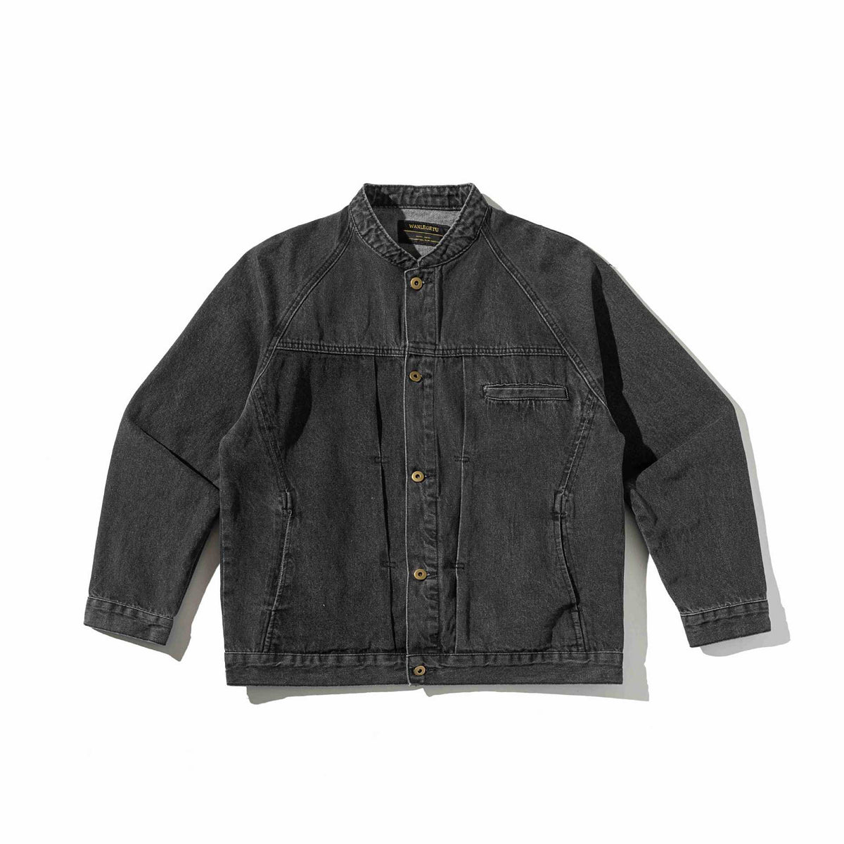 Unisex Boxy Denim Jacket with Stand-up Collar, distinctive seam piping and Button Placket EVA-US