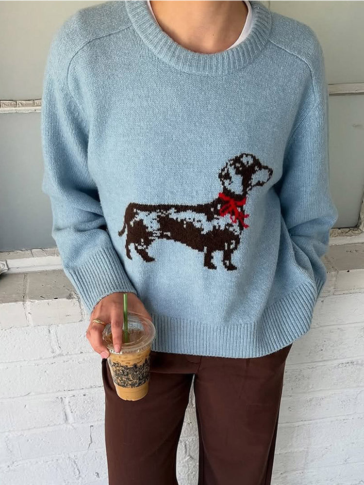 Women's knit sweater with dachshund intarsia and relaxed oversized fit EVA-US