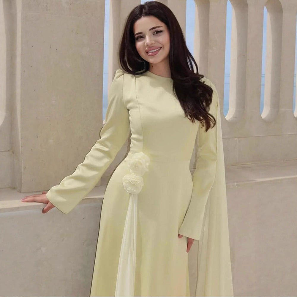 Women's evening dress with cape sleeves, tailored silhouette and decorative flower detail EVA-US