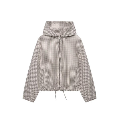 Women Lightweight Hooded Jacket in Check Pattern with Drawstring Hem and Elastic Cuffs EVA-US