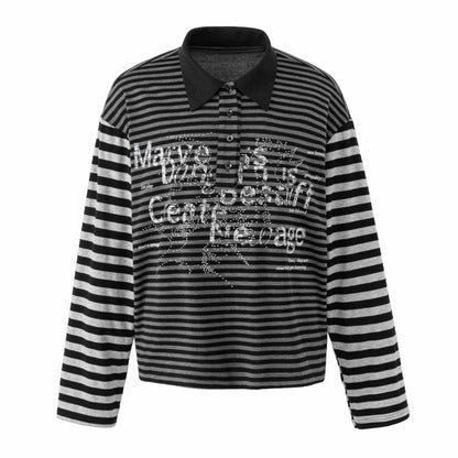 Women's Striped Long Sleeve Polo with Large Kent Collar, Print and Rhinestone Applications EVA-US