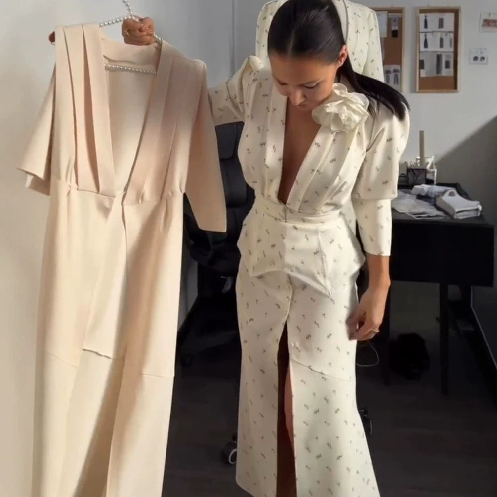 Women tailored pantsuit set with deep V-neck, structured peplum waist, and fine floral jacquard EVA-US