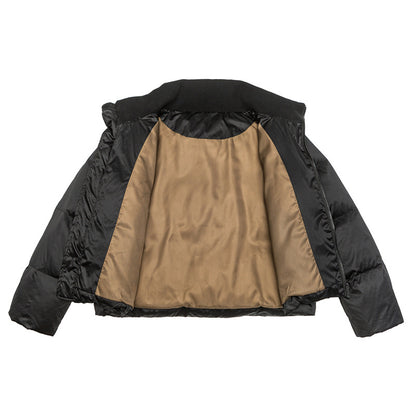 Women's short-cut lightweight thermal puffer jacket with stand-up collar and two-way zipper EVA-US