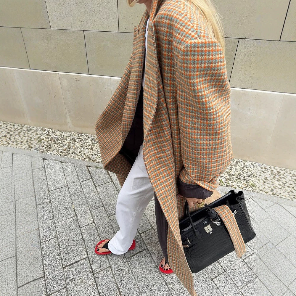 Women's Oversized Wool Check Coat with Waist Belt and Emphasized Shoulder Area EVA-US