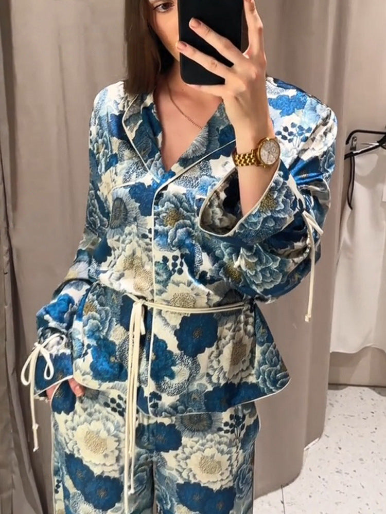 Women Two-Piece Floral Jacquard Loungewear Set with Waist Belt, Piping and Tied Sleeves EVA-US