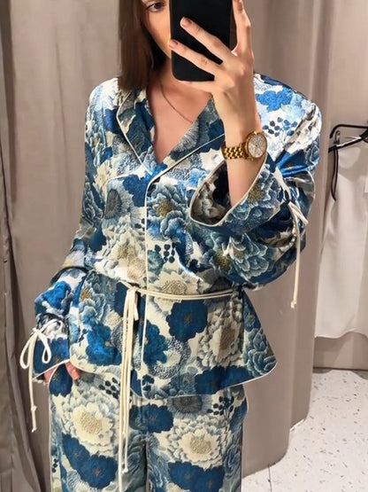 Women Two-Piece Floral Jacquard Loungewear Set with Waist Belt, Piping and Tied Sleeves EVA-US