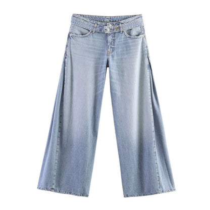 Women Wide Denim Jeans with Side Slits and Palazzo Cut EVA-US