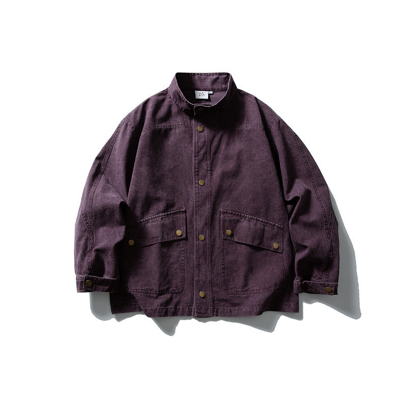 Unisex cleverly tailored canvas worker blouson jacket with stand-up collar and snap button front EVA-US
