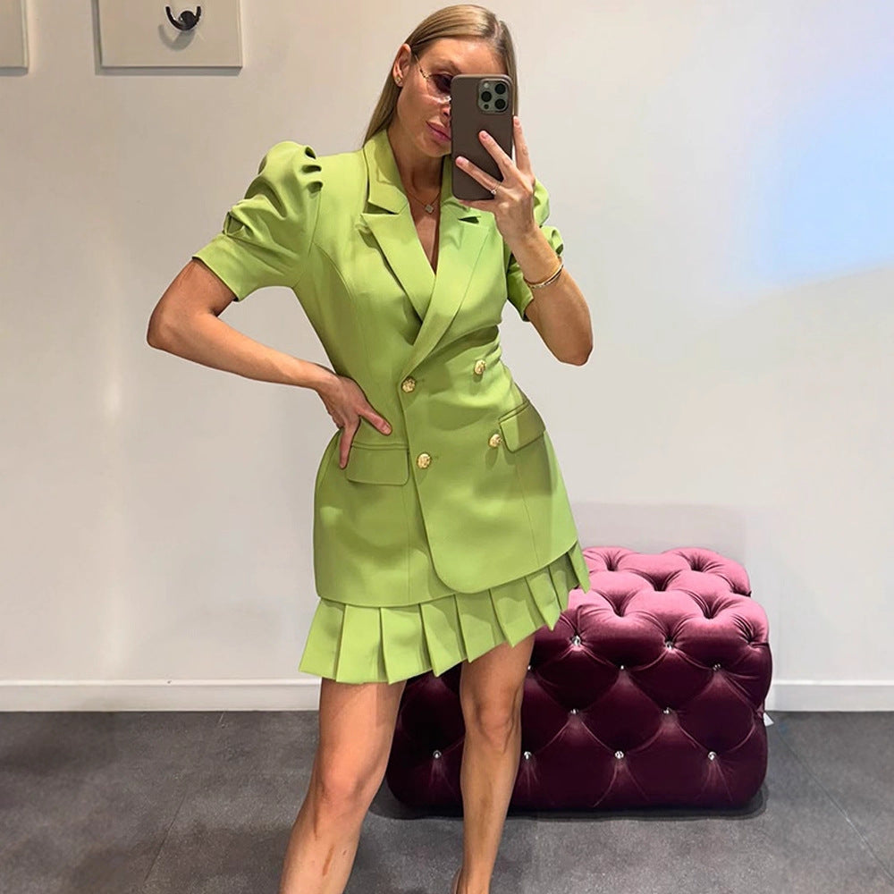 Women Double-breasted Blazer Dress with Puff Sleeves and Pleated Hem EVA-US