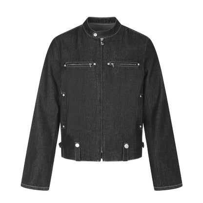 Men's short denim-inspired worker blouson with stand collar, zipper chest pockets, and adjustable waist straps EVA-US