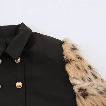 Women's Double-Breasted Short Jacket with Faux Fur Sleeves EVA-US