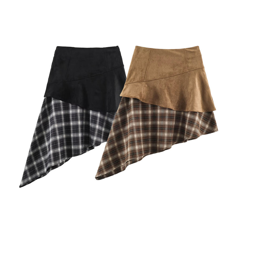 Women's asymmetrical layered skirt with faux leather overlay and checked chiffon ruffle EVA-US
