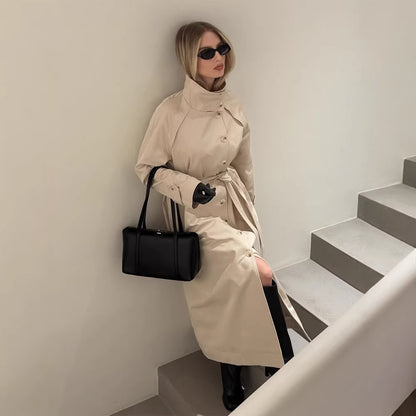 Women's Maxi Length Trench Coat with High Stand-Up Collar, Double-Breasted Button Placket and Tie Belt EVA-US