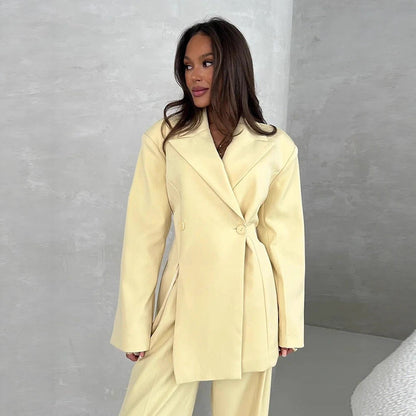 Women's Two-piece Oversized Suit Set with Wrap Blazer and Wide Palazzo Pants EVA-US