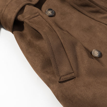 Women's short trench-style coat with double-breasted button placket, tie belt, and wide lapels EVA-US