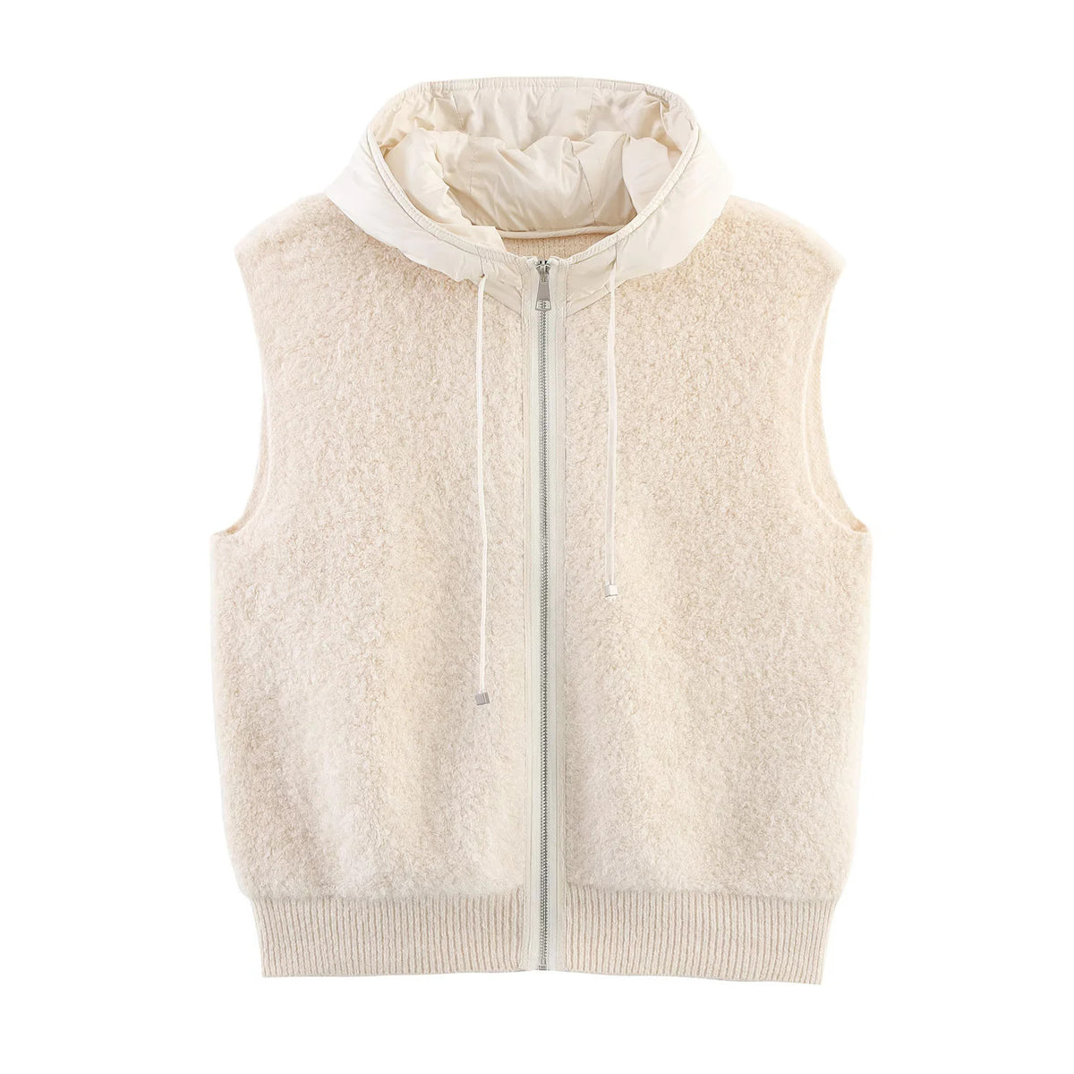 Women's Sleeveless Boucle Vest with Zipper, Padded Hood and Ribbed Hem EVA-US