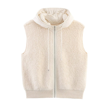 Women's Sleeveless Boucle Vest with Zipper, Padded Hood and Ribbed Hem EVA-US