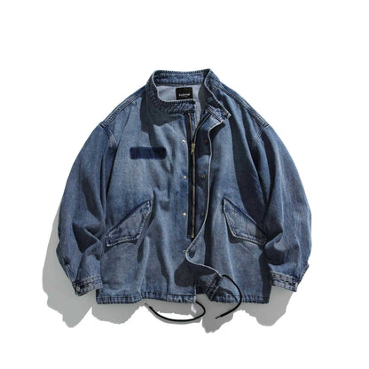 Unisex Short Cut Denim Utility Blouson with Stand Collar and Drawstring EVA-US