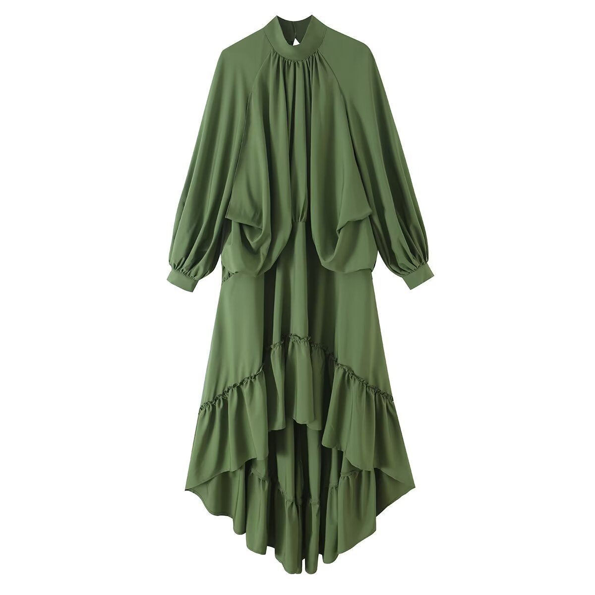 Women's Flowing Maxi Dress with Balloon Sleeves, Ruffle Details and Stand Collar EVA-US