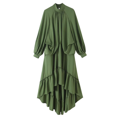 Women's Flowing Maxi Dress with Balloon Sleeves, Ruffle Details and Stand Collar EVA-US