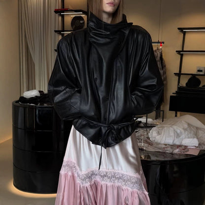 Women's Oversized Faux Leather Bomber Jacket with High Stand Collar and Waist Belt EVA-US