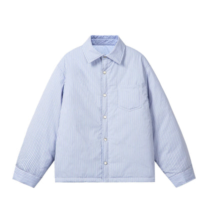 Unisex Striped Boxy Shirt Jacket with Snap Button Placket and Chest Pocket EVA-US