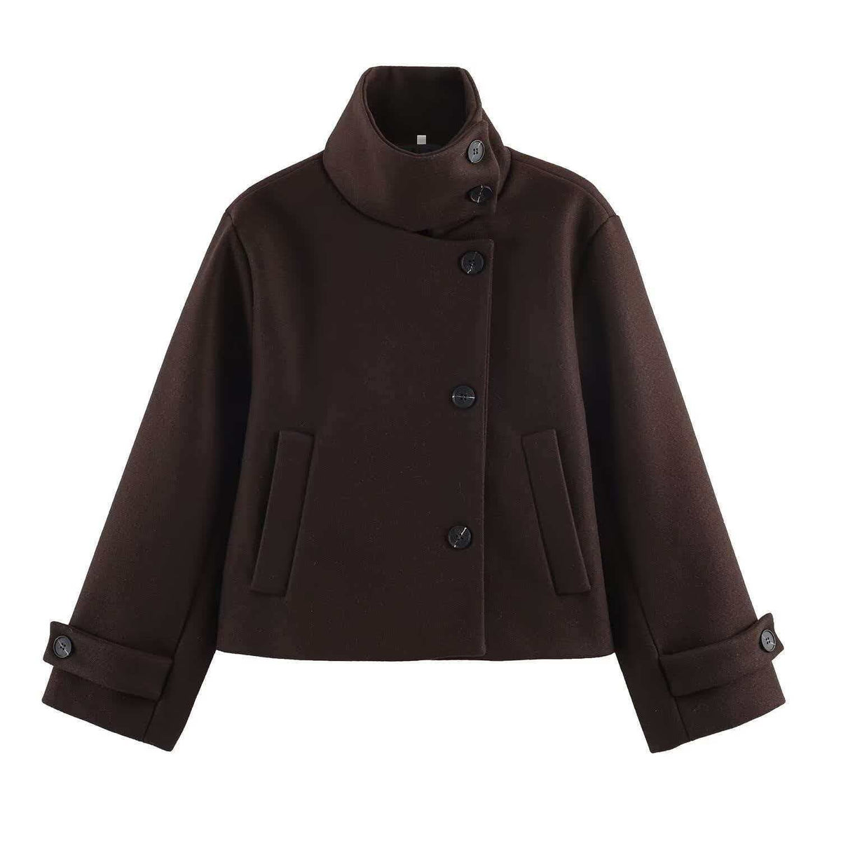 Women's short wool coat with high stand-up collar, asymmetric button placket and adjustable cuff straps EVA-US