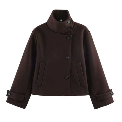 Women's short wool coat with high stand-up collar, asymmetric button placket and adjustable cuff straps EVA-US