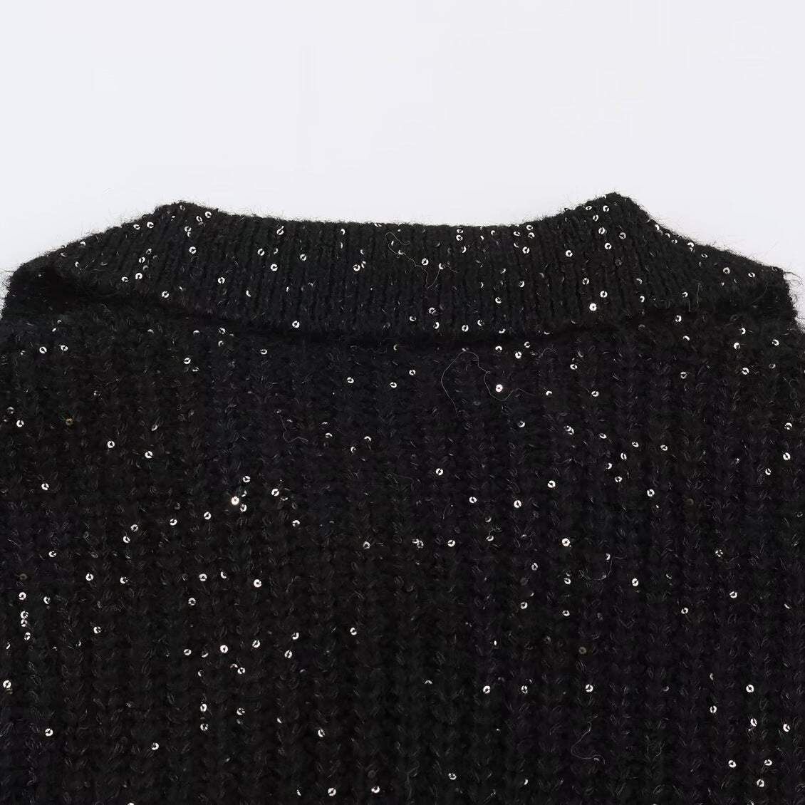 Women's Chunky Knit Sweater with Wide Lapel Collar and Sequin Trim EVA-US