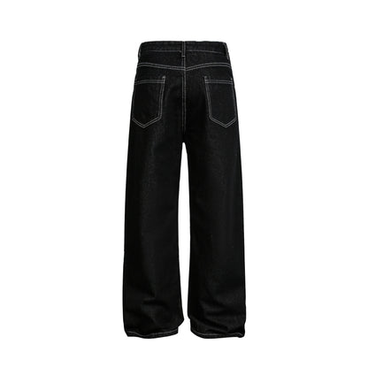 Women Wide High-Waist Jeans Pants with Asymmetrical Button Closure and Contrast Seams EVA-US