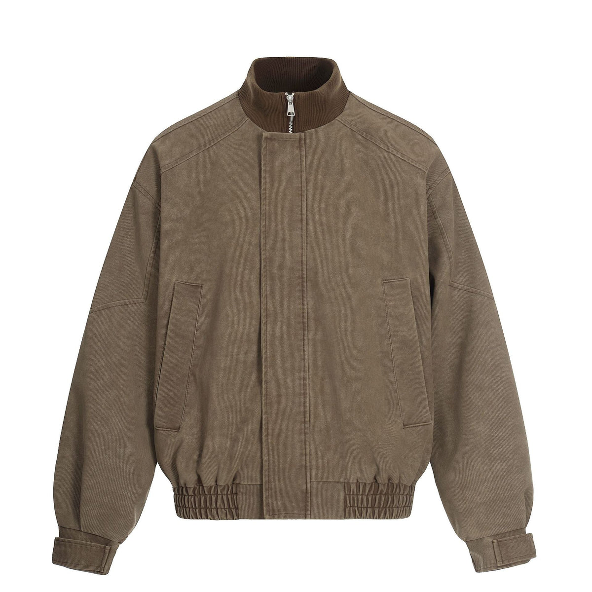 Men's short boxy blouson made of corduroy fabric with high ribbed collar and elastic hem.