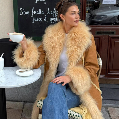 Women Long Shearling Imitation Coat with Voluminous Shawl Collar and Plush Cuffs EVA-US