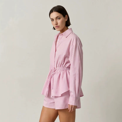 Women Striped Loungewear Set made of Lightweight Cotton with Drawstring Waist & Shorts EVA-US