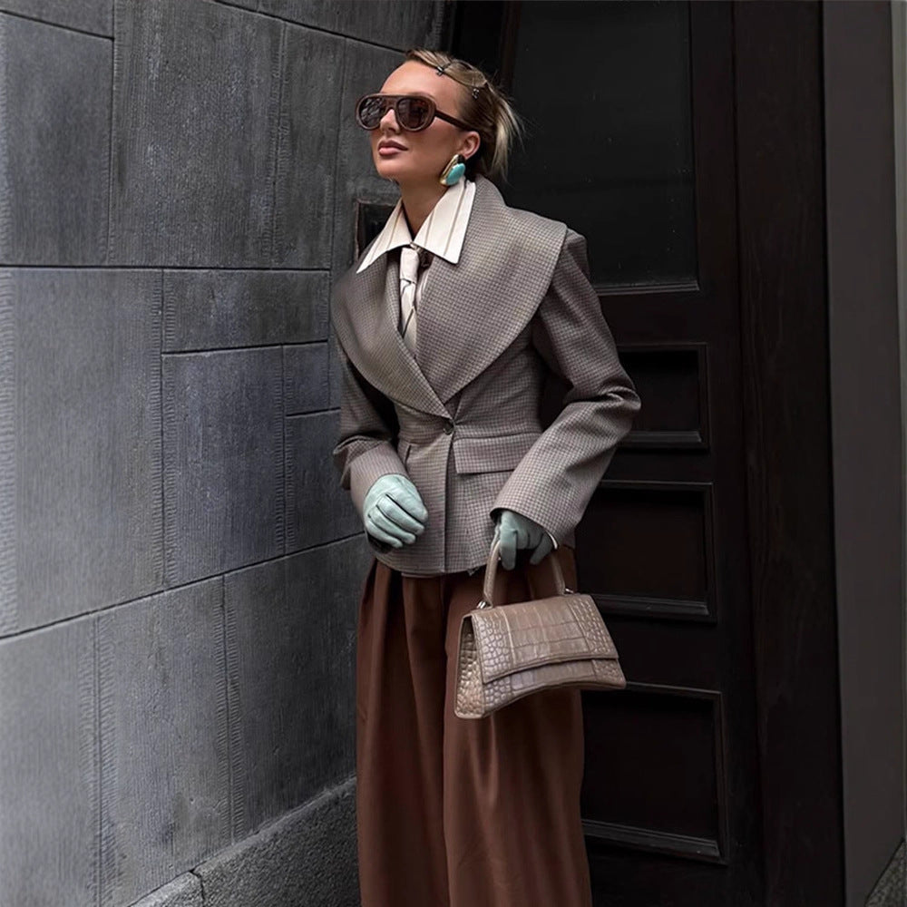 Women Tailored Blazer with Oversized Shawl Collar and Structured Peplum Waist EVA-US