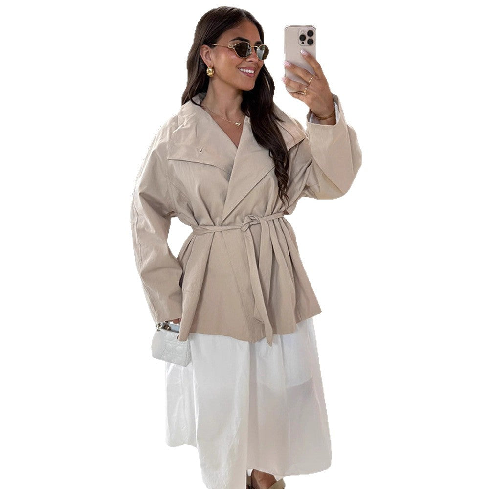 Women's wrap short jacket with tie belt, dropped shoulder and boxy silhouette EVA-US