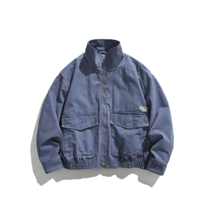 Unisex Short Jacket in Vintage Canvas with High Stand-Up Collar and Utility Pockets EVA-US