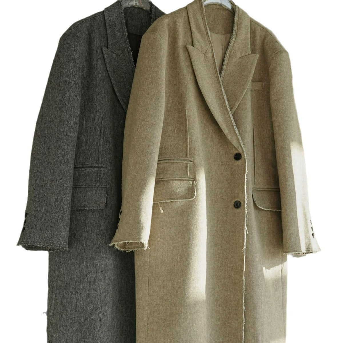 Women Boxy Long Coat made of Wool Blend with Frayed Edges and Double-Breasted EVA-US